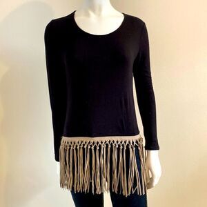 Black top long sleeve  scoop neck with tan fringe S